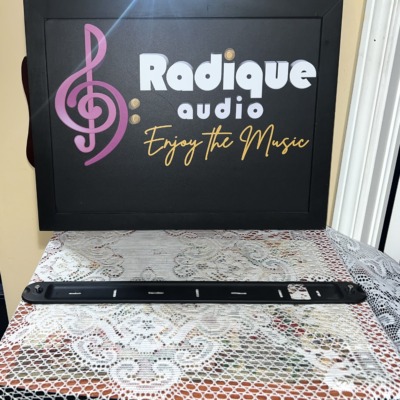 One Monitor Audio Radius 250HD wall bracket laid flat, a slim black metal rail with slots for the wall screws and a stand-off at each end