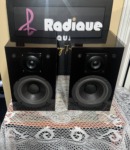 Pair of NHT Model 1C bookshelf speakers in gloss black, grilles off, showing tweeters and woofers