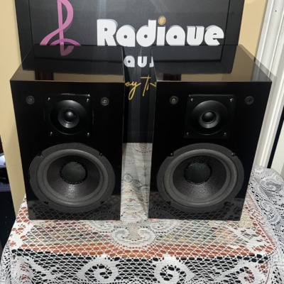 Pair of NHT Model 1C bookshelf speakers in gloss black, grilles off, showing tweeters and woofers