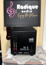 Rear panel of the PSB SubSeries HD10 powered subwoofer with bass level, crossover and phase knobs, RCA line jacks and speaker-level inputs