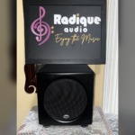 PSB SubSeries HD10 powered subwoofer front view, compact satin black cabinet with a black mesh grille over the front driver