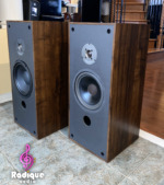 Paisley Reference Two speakers at an angle, dark wood-grain side panels beside the grey baffles with tweeter, woofer and port