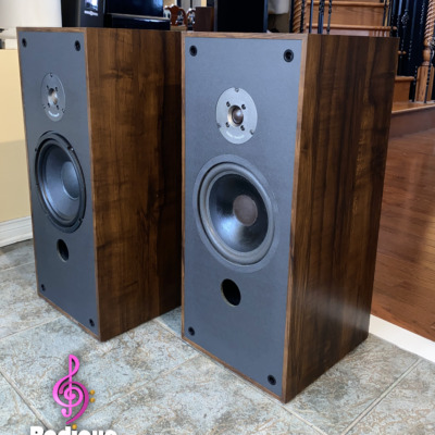 Paisley Reference Two speakers at an angle, dark wood-grain side panels beside the grey baffles with tweeter, woofer and port