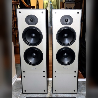 Paradigm 11se Mk II floorstanding speakers, grilles off, pale grey baffles with a dome tweeter above two black woofers in black cabinets