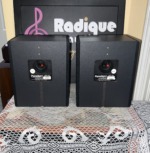 Rear of the Paradigm ADP-150 pair showing the recessed spring-clip speaker terminals, Left and Right stickers and ADP-150 model labels