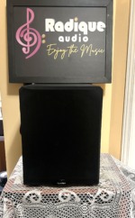 Paradigm DSP-3100 v.2 subwoofer with its black cloth grille fitted and the Paradigm badge at the bottom
