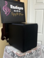 Paradigm DSP-3100 v.2 subwoofer at an angle with the grille on, showing the black cabinet and rounded front edges
