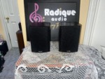 Pair of Paradigm Micro v.3 bookshelf speakers in black ash, black cloth grilles with the Paradigm badge at the bottom