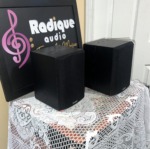 Paradigm Micro v.3 speaker pair at an angle, black ash vinyl cabinets with grilles on and the badge at the lower corner