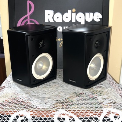 Paradigm Monitor ADP-190 v.6 pair turned to the opposite baffle, tweeter above the cream woofer, Paradigm badge at the lower corner