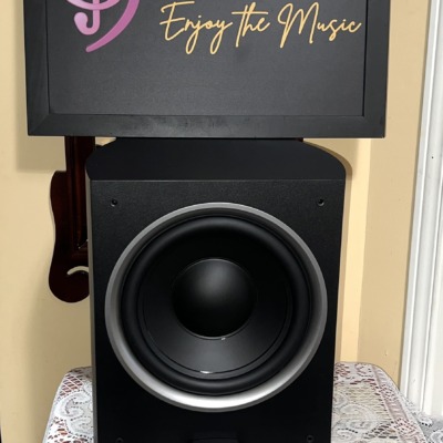 Paradigm PDR-10 v.4 powered subwoofer with grille off, showing the 10-inch black cone with its silver trim ring and the Paradigm badge below