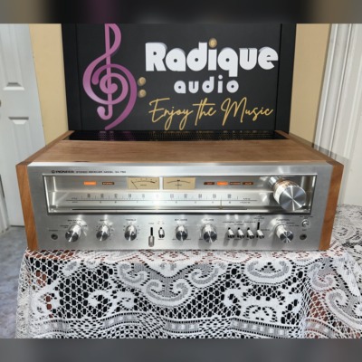 Pioneer SX-750 vintage stereo receiver, 50 WPC, in custom Ottawa Valley cherry cabinet — front view of the silver faceplate and tuning dial