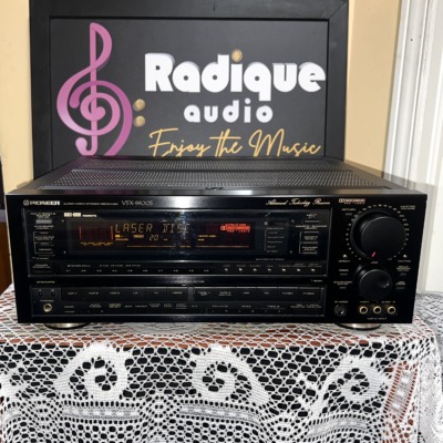 Pioneer VSX-9900S audio/video receiver straight on: black faceplate with wide fluorescent display, large master volume knob and Advanced Technology Receiver script