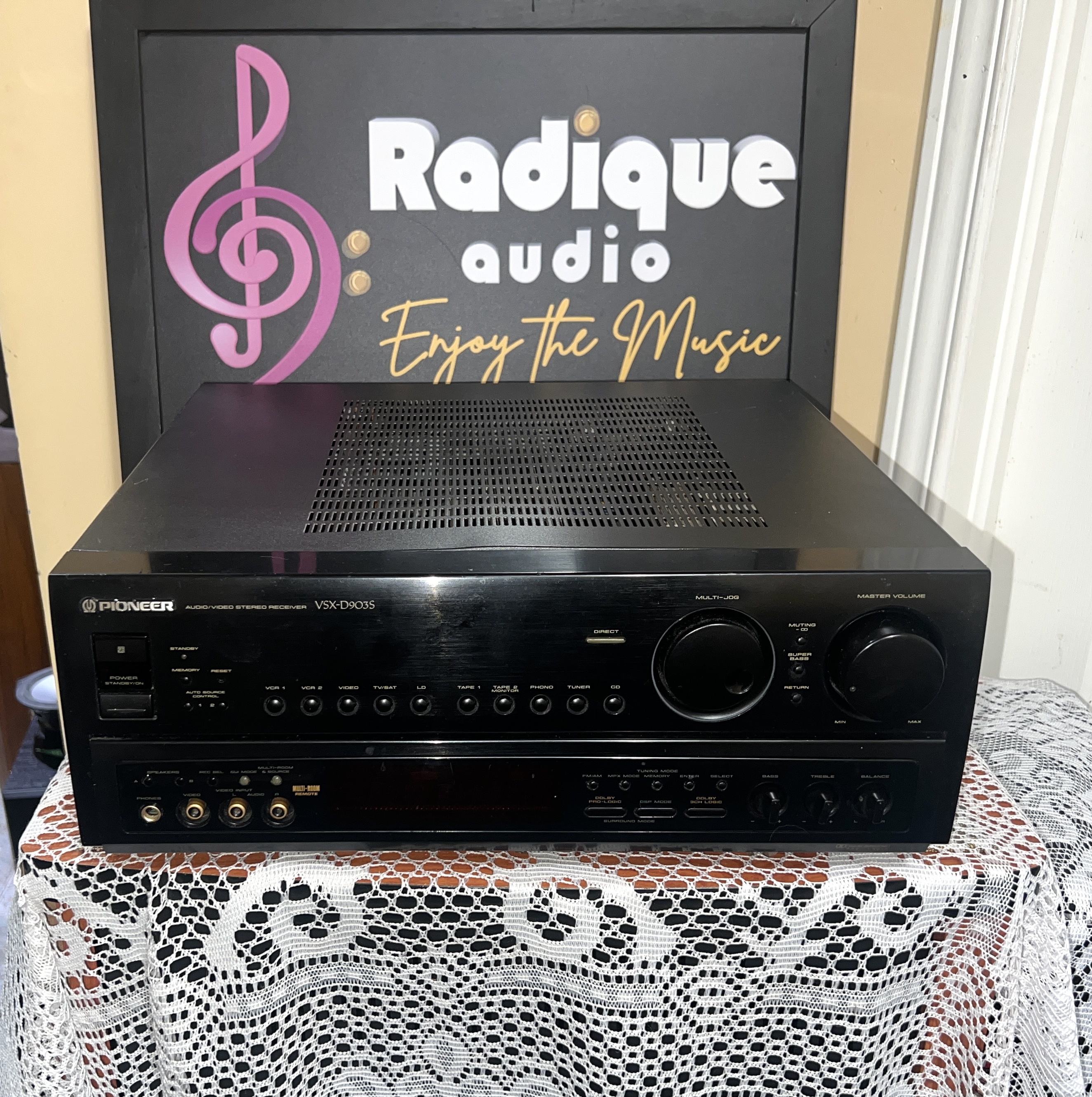 Pioneer-VSX-D903S-AV-Receiver-AS-IS-Front Pioneer VSX-D903S audio/video stereo receiver in black, front panel with multi-jog dial, master volume knob and a row of input selector buttons