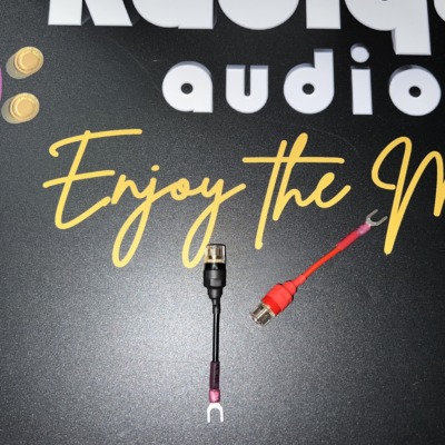 Radique Audio small spade adapters laid apart, the black one upright and the red one angled across the card