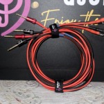 Pair of red and black Radique House CCA speaker cables, 10 ft, coiled upright with pin connectors and small spades