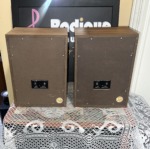 Rear of the Realistic Minimus-5 pair, brown hardboard back panels with a small black input plate and a round gold sticker on each