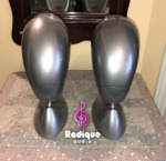 Rear of the silver Tannoy Arena satellites on their matching cast bases, showing the chrome ball joints