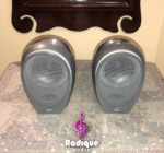 Silver Tannoy Arena satellites with their grey mesh grilles fitted and the Tannoy logo at the foot