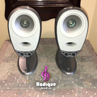 Silver Tannoy Arena satellites on their matching cast bases, grilles off, showing the Dual Concentric drivers