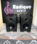 Tannoy Mercury FR Custom bookshelf speakers, dark wood-grain cabinets with grilles off showing the tweeter and black woofer