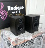 Pair of Tannoy Mercury FR Custom speakers at an angle, dark wood-grain finish with Tannoy badge below each woofer