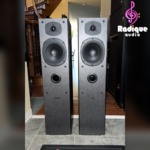 Tannoy Mercury m3 floorstanding speakers in black ash, grilles removed to show the woofer and tweeter