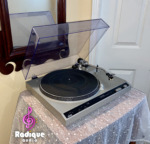 Technics SL-220 turntable from the front left with the dust cover raised, showing the black mat, strobe ring and S-shaped tonearm