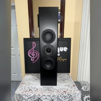 Totem Tribe I on-wall speaker standing vertically beside the Radique Audio sign