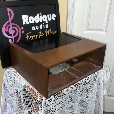 Vintage Marantz WC-22 wood cabinet seen from the front left, a veneer chip visible on the top rear corner behind the vent
