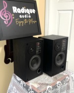 Vision Acoustics V 500 speakers at an angle, showing the black ash woodgrain cabinet sides, dome tweeters and front-ported woofers