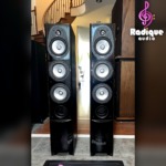 Energy Connoisseur CF-50 tower speakers — front view with grilles off, tweeter and three drivers visible