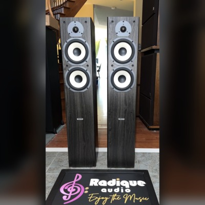 Tannoy Mercury mX4 towers in dark oak — front view with grilles off