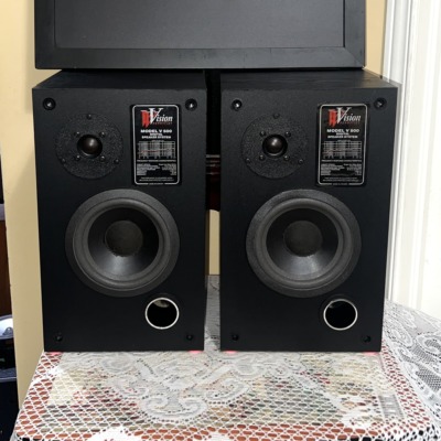 Pair of Vision Acoustics V 500 bookshelf speakers, grilles off, each with a dome tweeter, woofer, front bass port and Model V 500 badge
